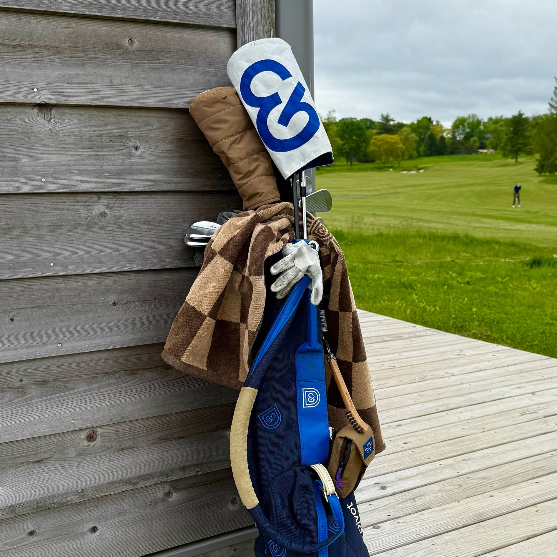 Golf club with blue and white headcover attached to a blue bag on a wooden deck with a golf course background.